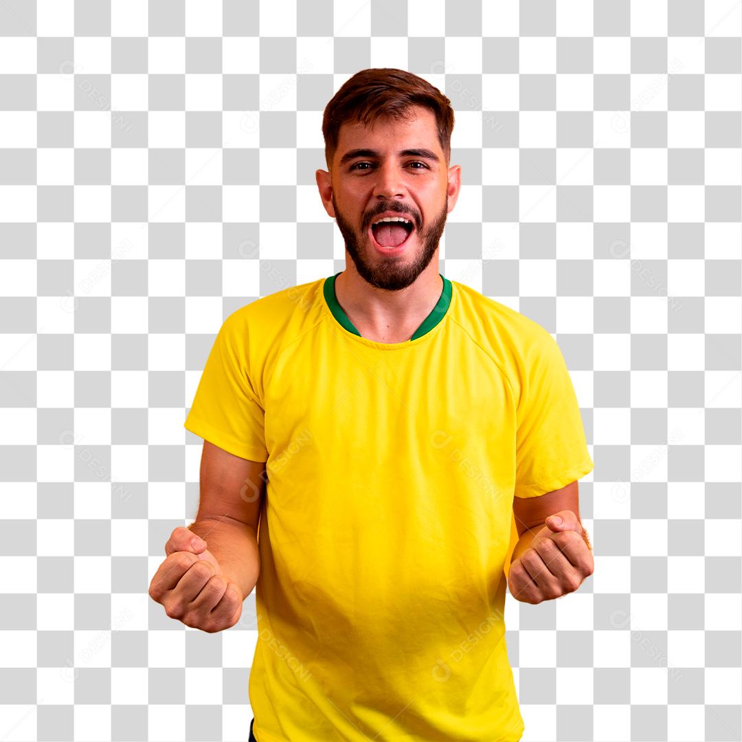 Homem barbudo alegre e atraente comemorando a melhor sorte