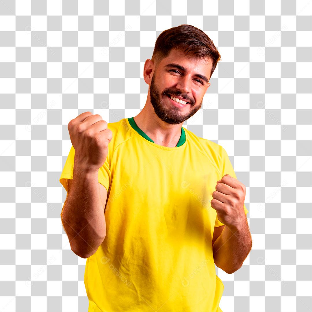 Homem barbudo alegre e atraente comemorando a melhor sorte