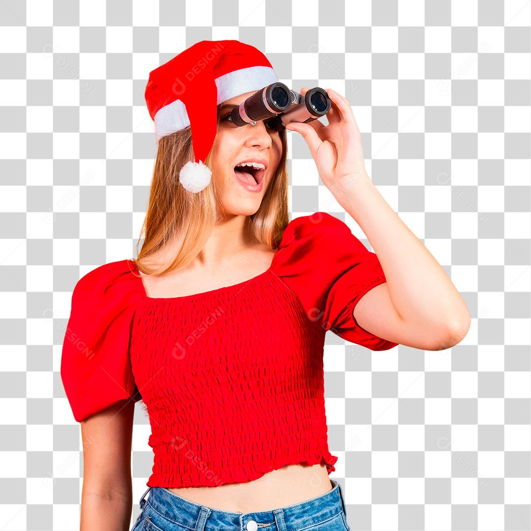 Jovem vestindo uma roupa de natal olhando através de um binóculo