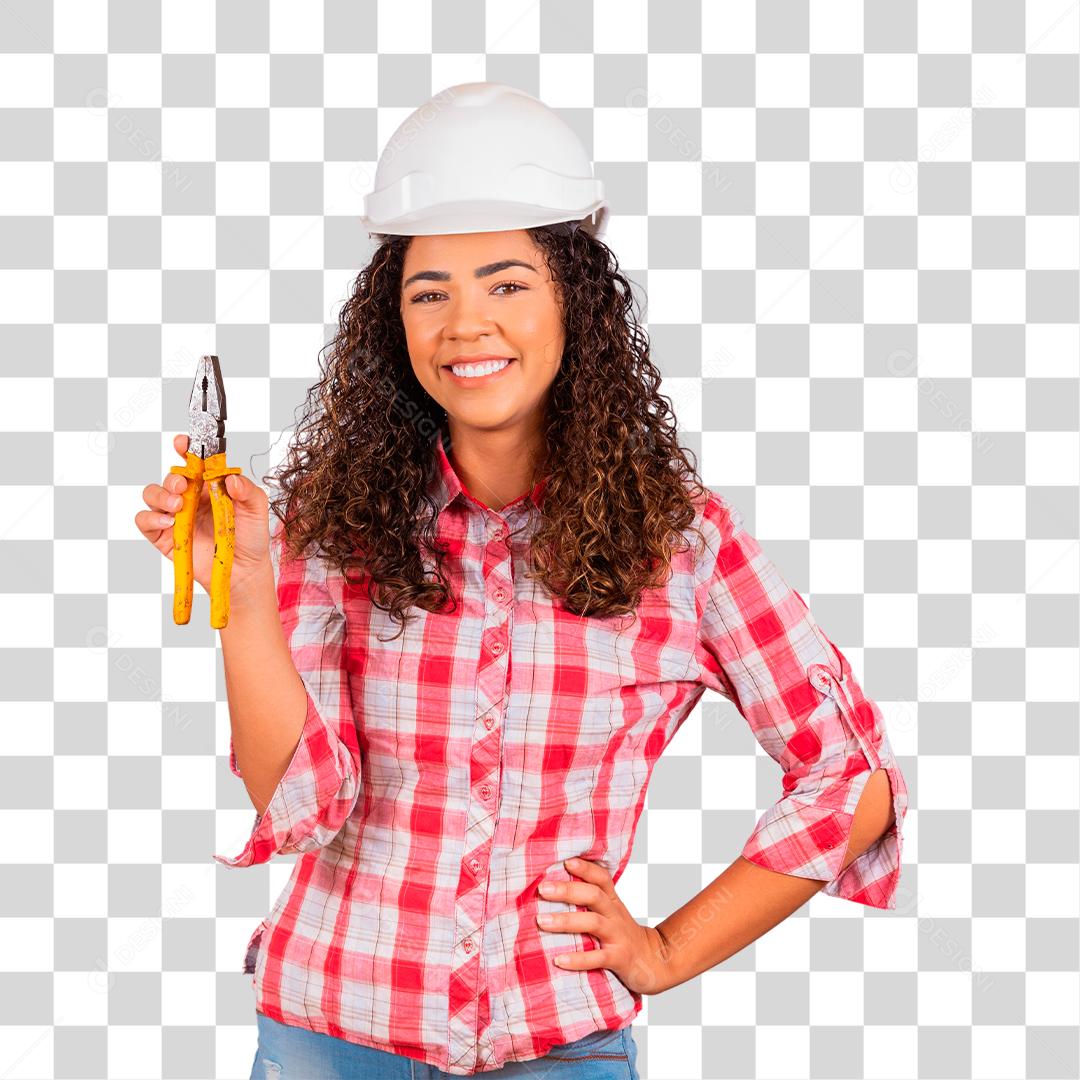 Técnica feminina mulher eletricista em fundo branco