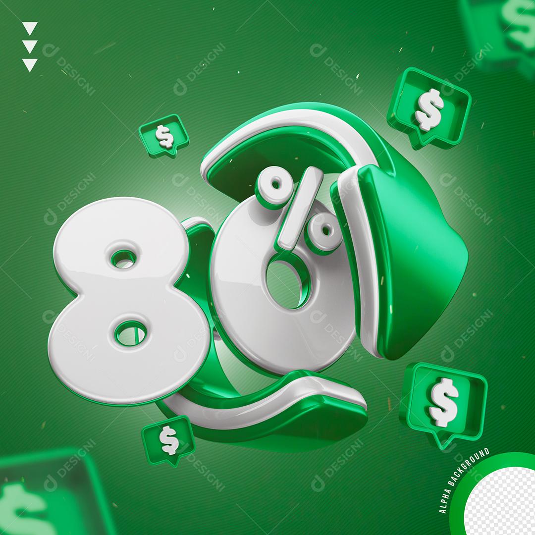 Elemento 3D 80% Por Cento Branco e Verde para Composição PNG Transparente Sem Fundo