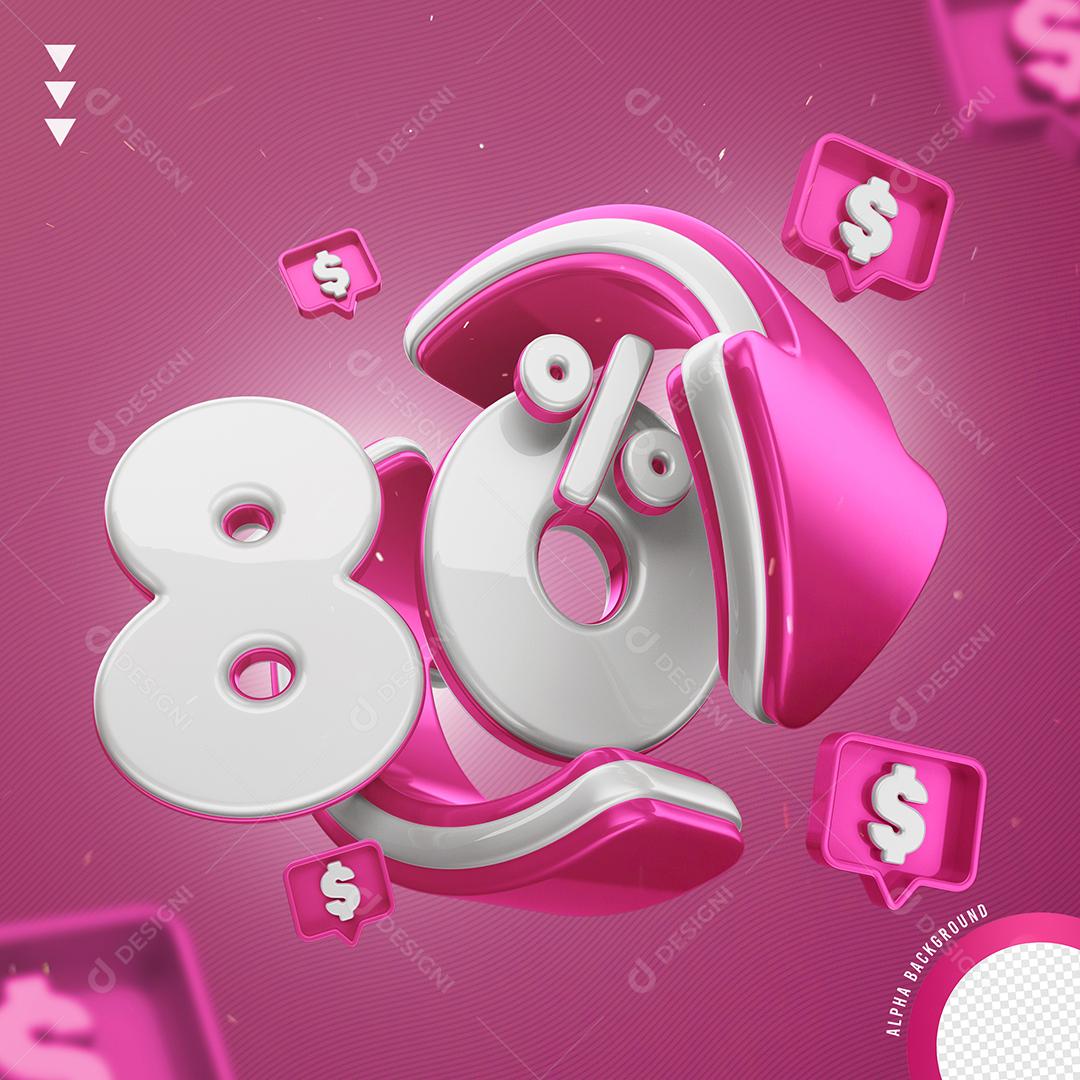Elemento 3D 80% Por Cento Branco e Rosa para Composição PNG Transparente Sem Fundo