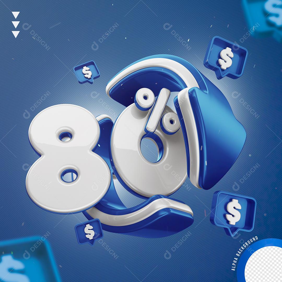 Elemento 3D 80% Por Cento Branco e Azul para Composição PNG Transparente Sem Fundo