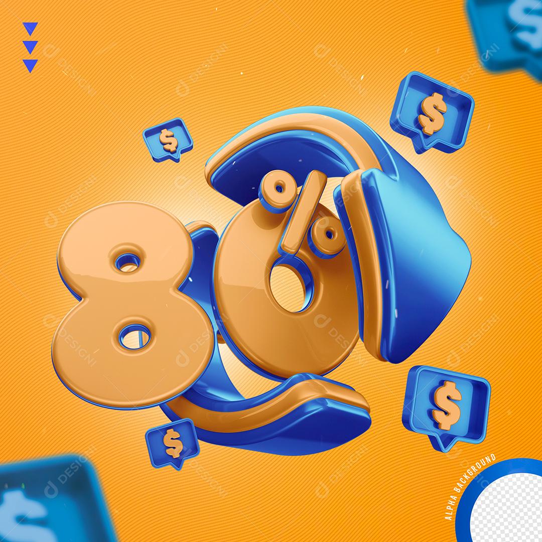 Elemento 3D 80% Por Cento Laranjado e Azul para Composição PNG Transparente Sem Fundo