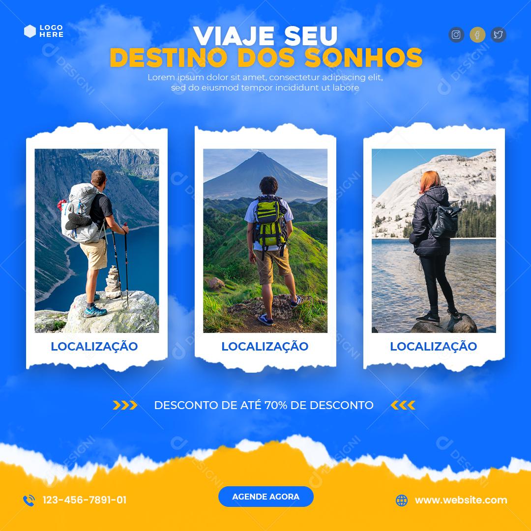 Viaje seu Destino dos Sonhos Desconto de até 70% Viagem Social Media PSD Editável