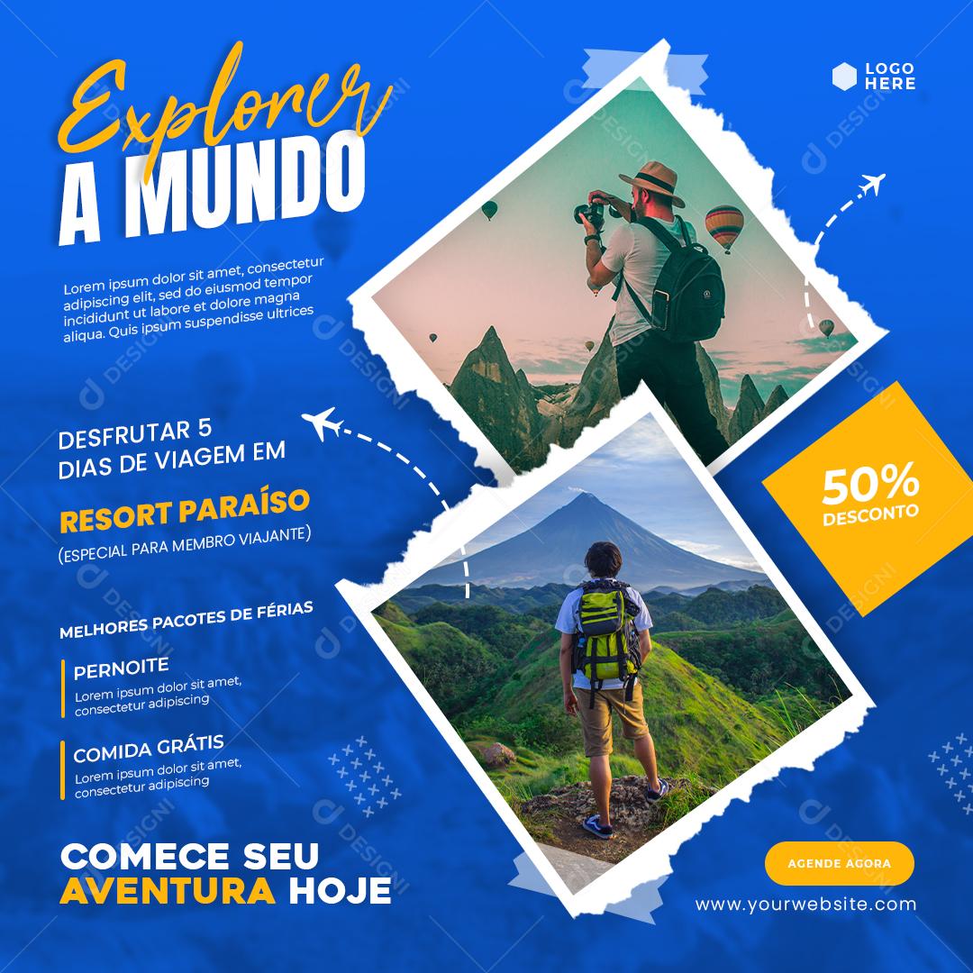 Social Media Explore o Mundo Desfrutar 5 Dias de Viagem em Resort Paraíso PSD Editável