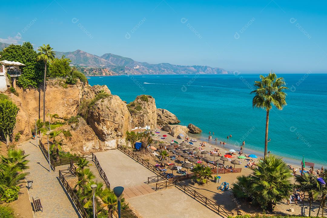 Aerial view of the beautiful Nerja beach in Spain