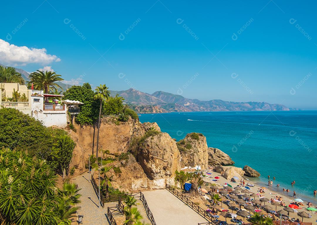 Aerial view of the beautiful Nerja beach in Spain