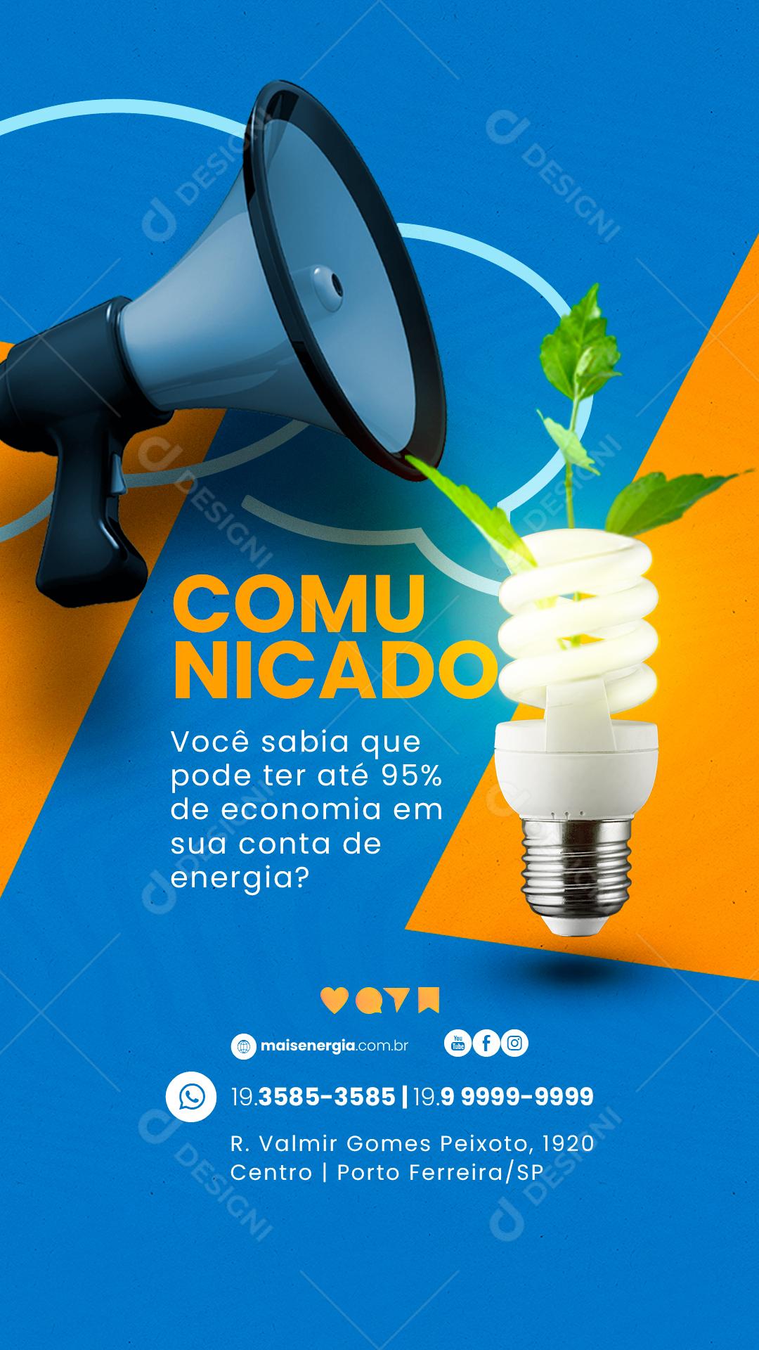 Story Comunicado Sabia que pode ter até 95% de Economia Energia Solar Social Media PSD Editável