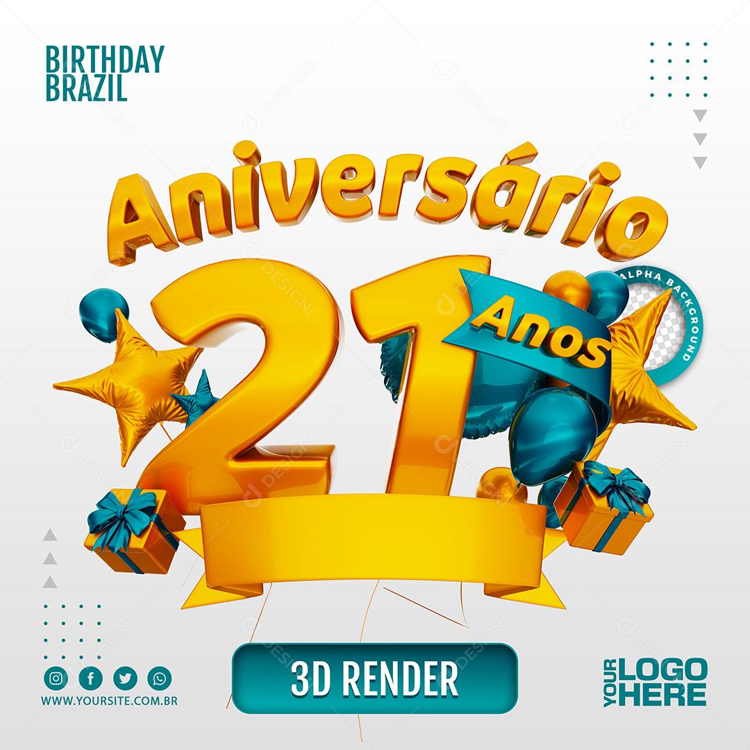 Aniversário 22 Anos Selo 3D Dourado com Fita Azul para Composição PSD