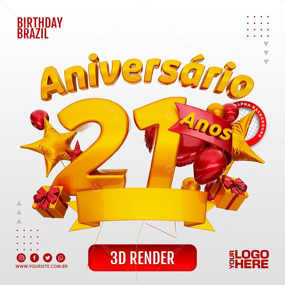 Aniversário 22 Anos Selo 3D Dourado com Elementos Vermelho para Composição PSD