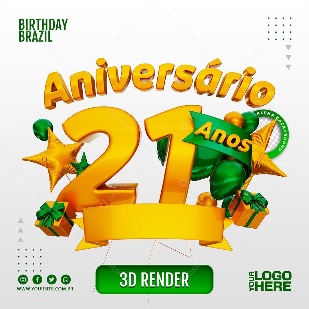 Aniversário 21 Anos Selo 3D Dourado com Fita Verde para Composição PSD