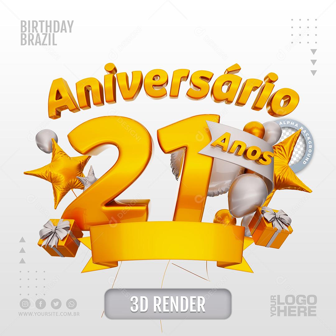 Aniversário 21 Anos Selo 3D Dourado com Elementos Brancos para Composição PSD