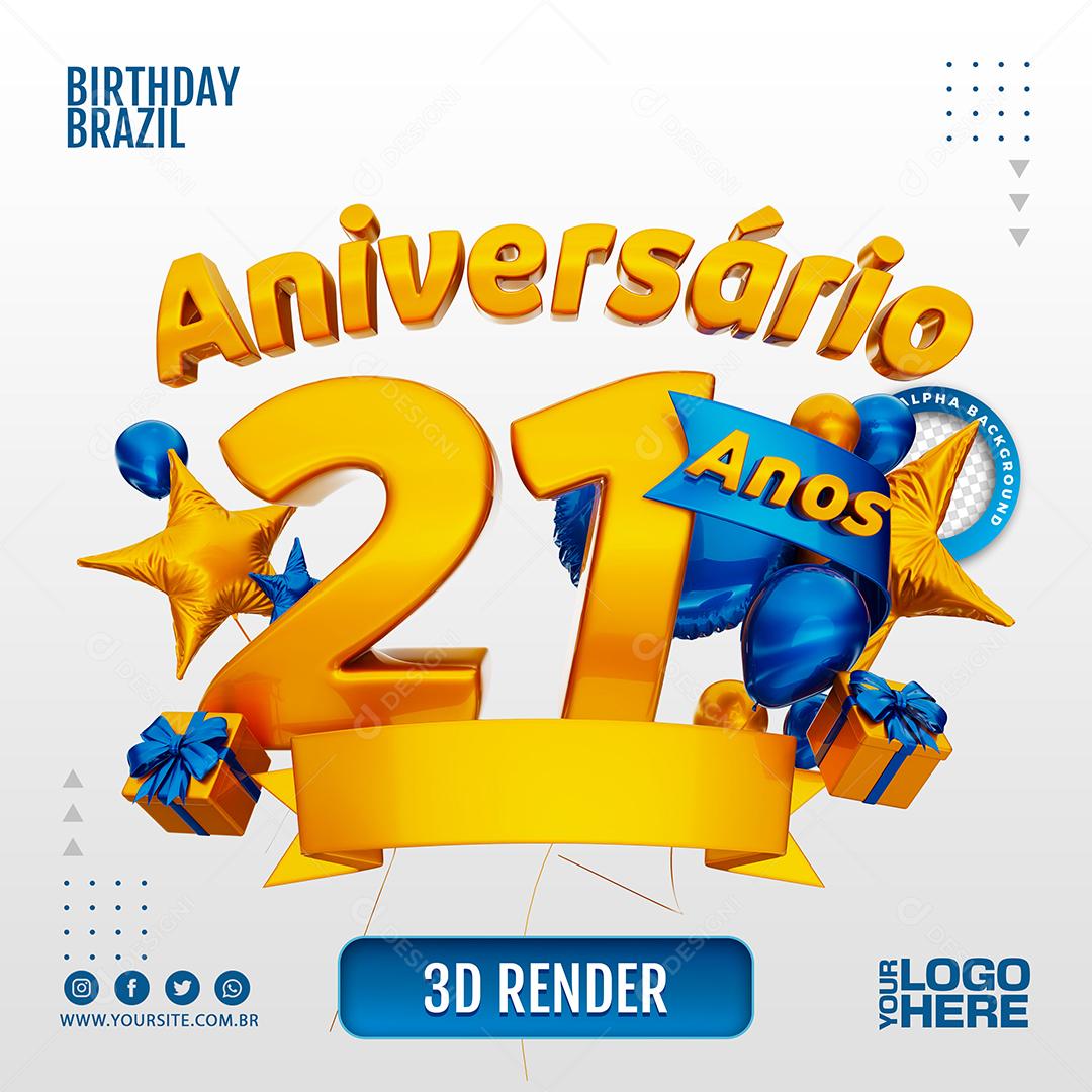 Aniversário 21 Anos Selo 3D Dourado com Fita Azul para Composição PSD