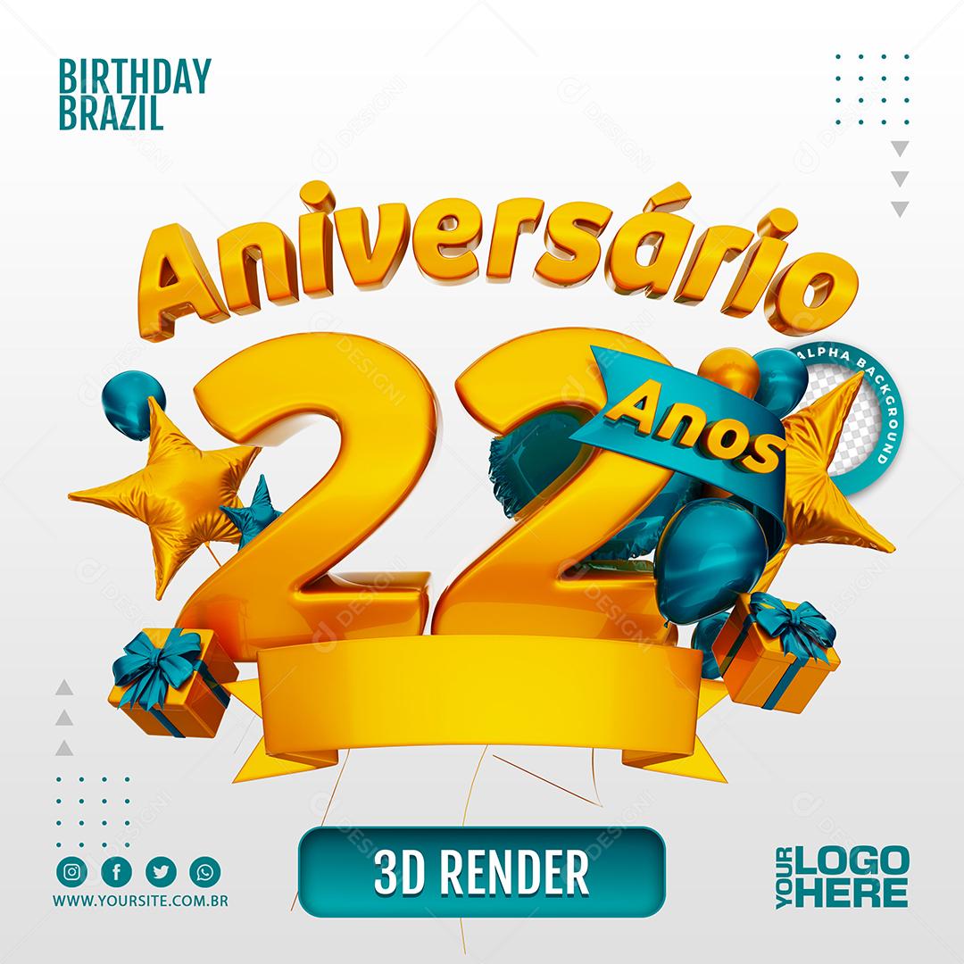 Aniversário 22 Anos Selo 3D Dourado com Fita para Composição PSD