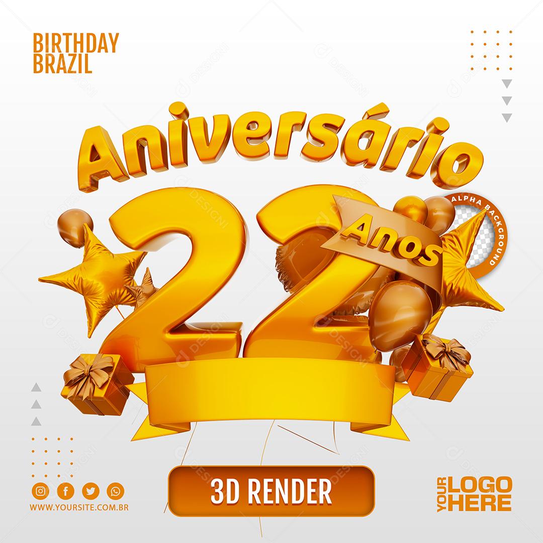 Aniversário 22 Anos Selo 3D Dourado com Fita para Composição PSD
