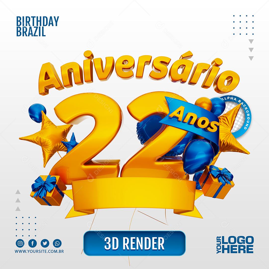 Aniversário 22 Anos Selo 3D para Composição PSD
