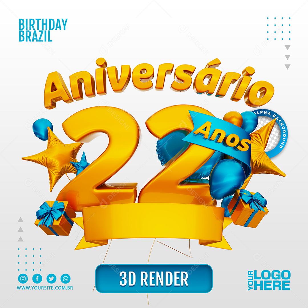 Aniversário 22 Anos Selo 3D Dourado com Fita Azul para Composição PSD