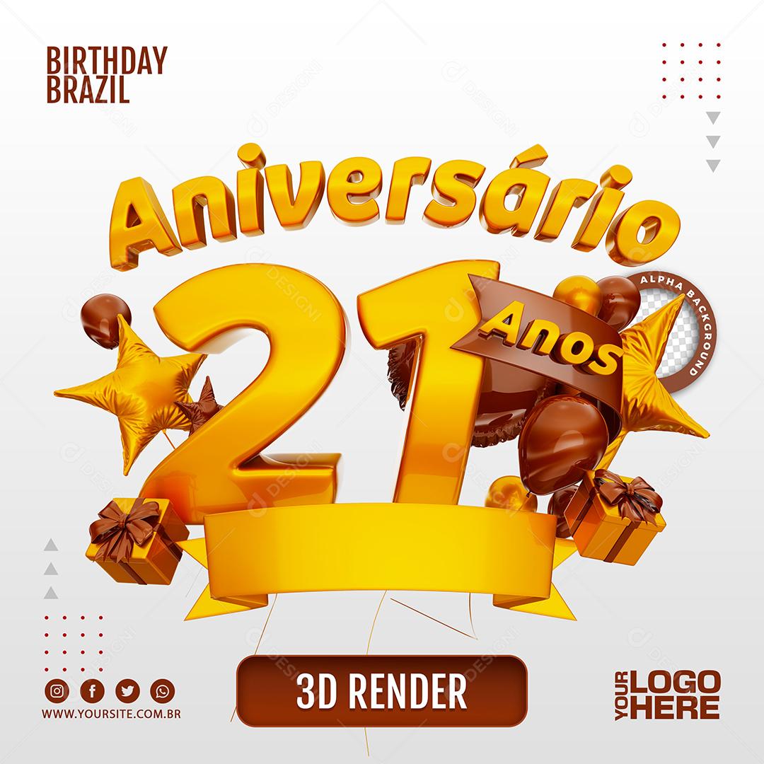 Aniversário 22 Anos Selo 3D Dourado com Fita Azul para Composição PSD