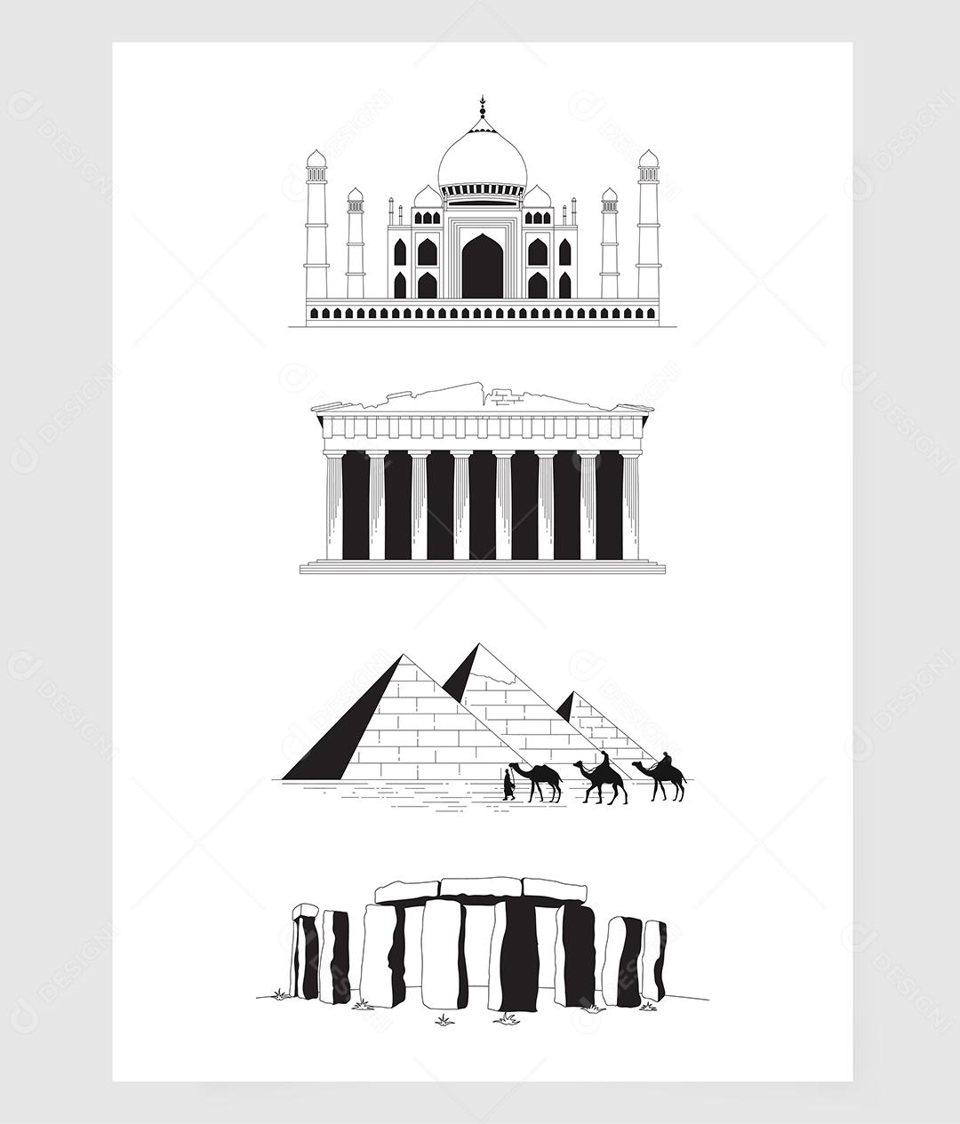 Ilustração de desenho famoso lugar em preto e branco vetor