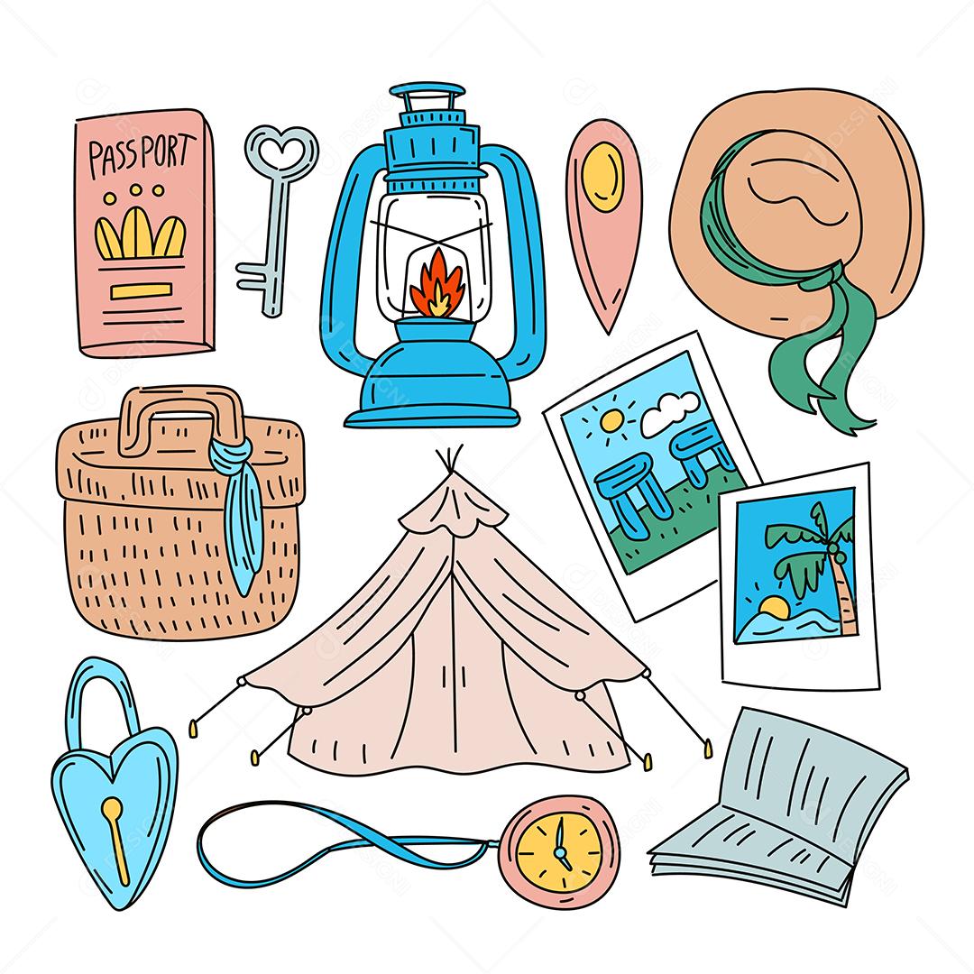 Símbolo de desenho e ícones viajam em vetor de desenho animado vetor eps