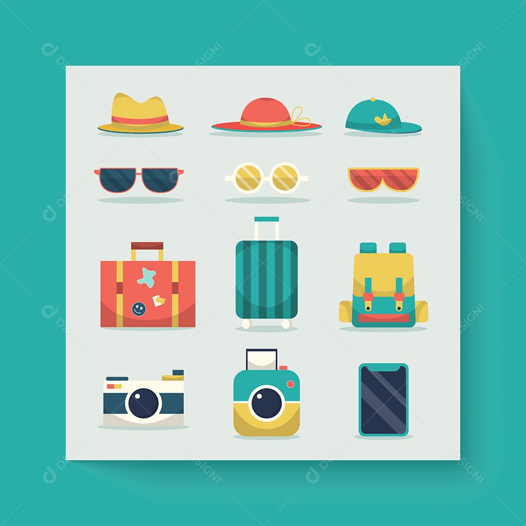 Símbolo de desenho e ícones viajam em vetor de desenho animado verão férias