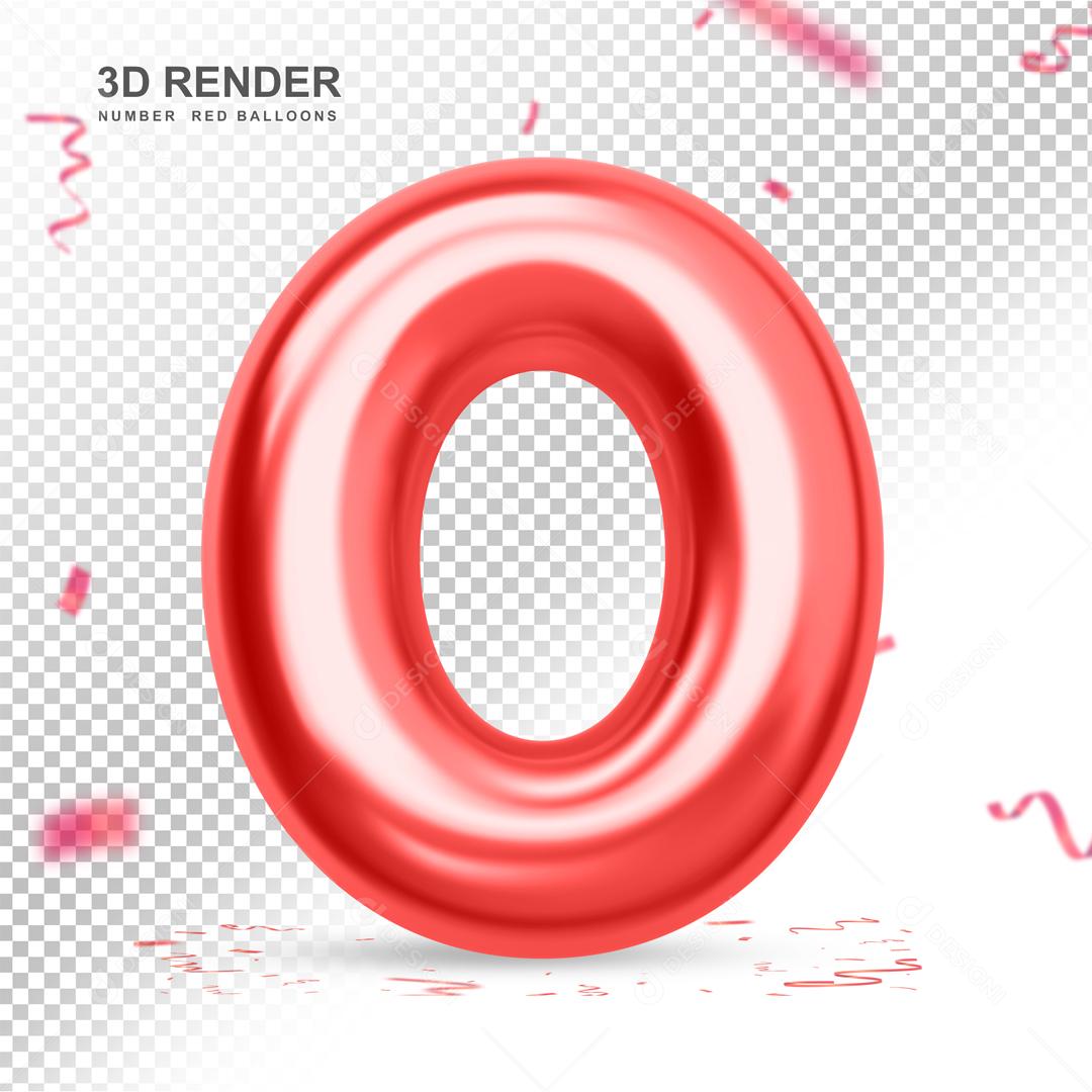Balão 3D Número 0 Vermelho Elemento Para composição PSD