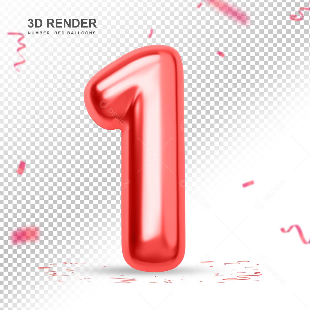 Balão 3D Número 1 Vermelho Elemento Para composição PSD
