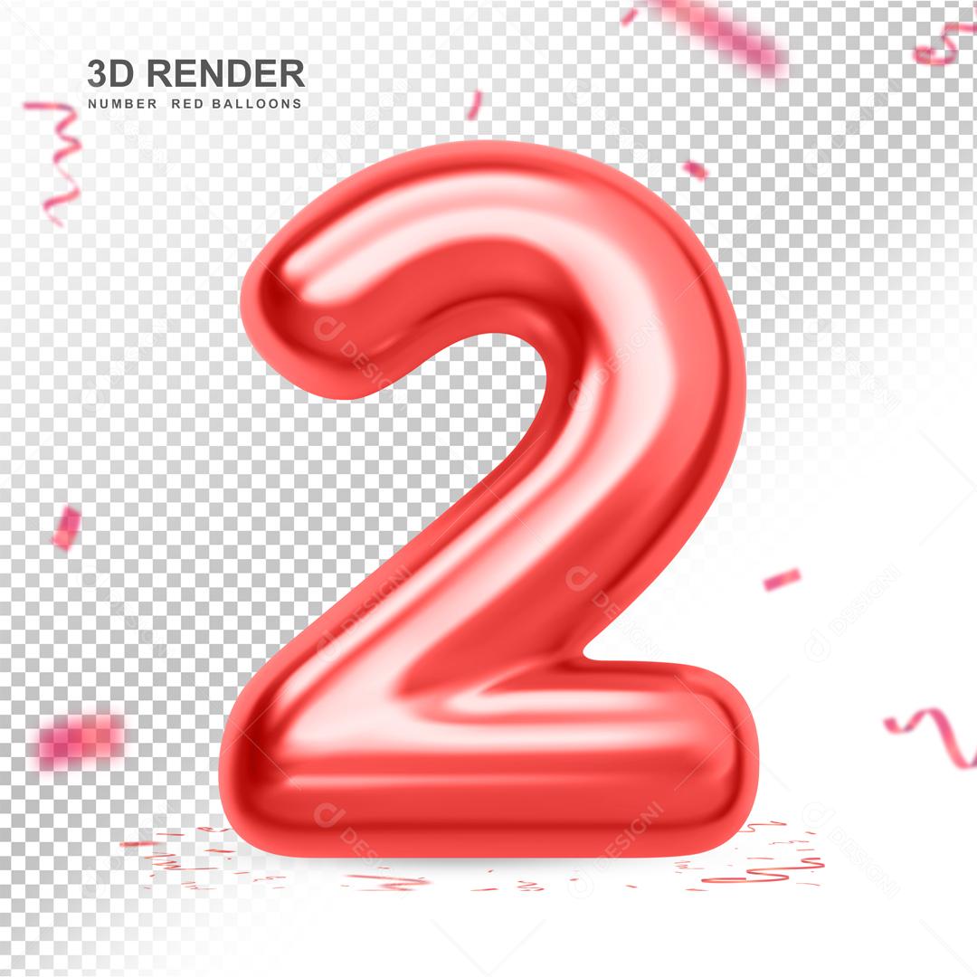 Balão 3D Número 2 Vermelho Elemento Para composição PSD