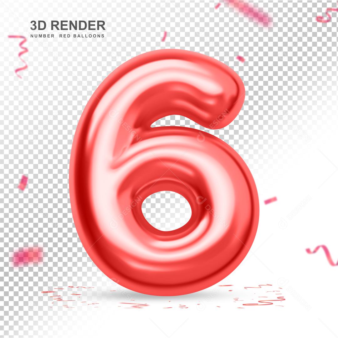 Balão 3D Número 6 Vermelho Elemento Para composição PSD