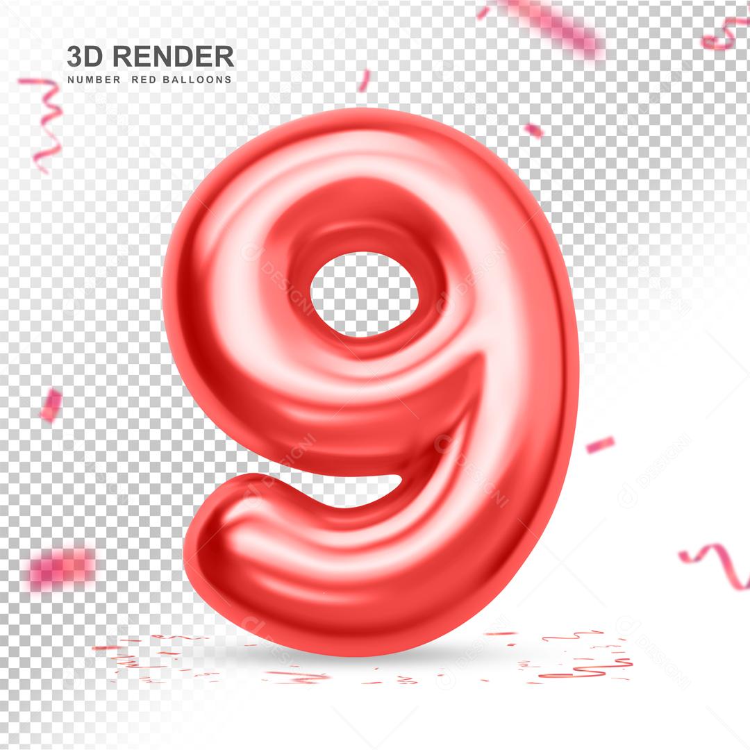 Balão 3D Número 9 Vermelho Elemento Para composição PSD