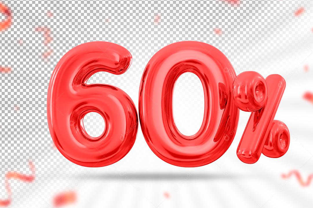 Balão 3D Número 60% por cento Vermelho Elemento Para composição PSD