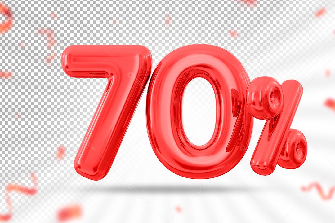 Balão 3D Número 70% por cento Vermelho Elemento Para composição PSD