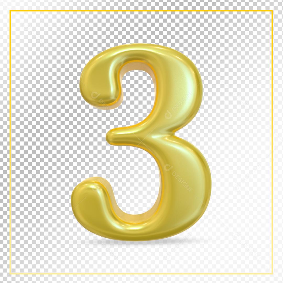Número 3D 3 Dourado Para composição PSD