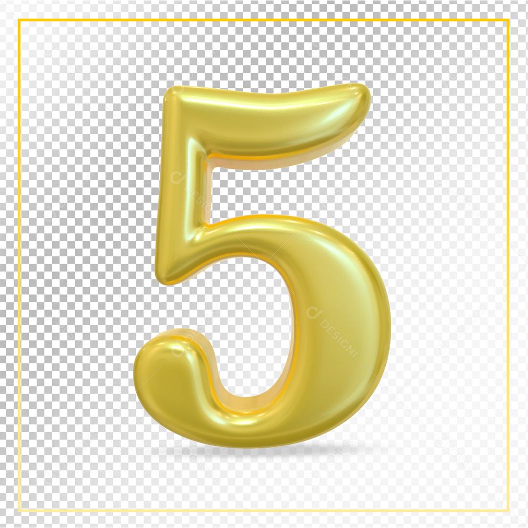 Número 3D 5 Dourado Para composição PSD