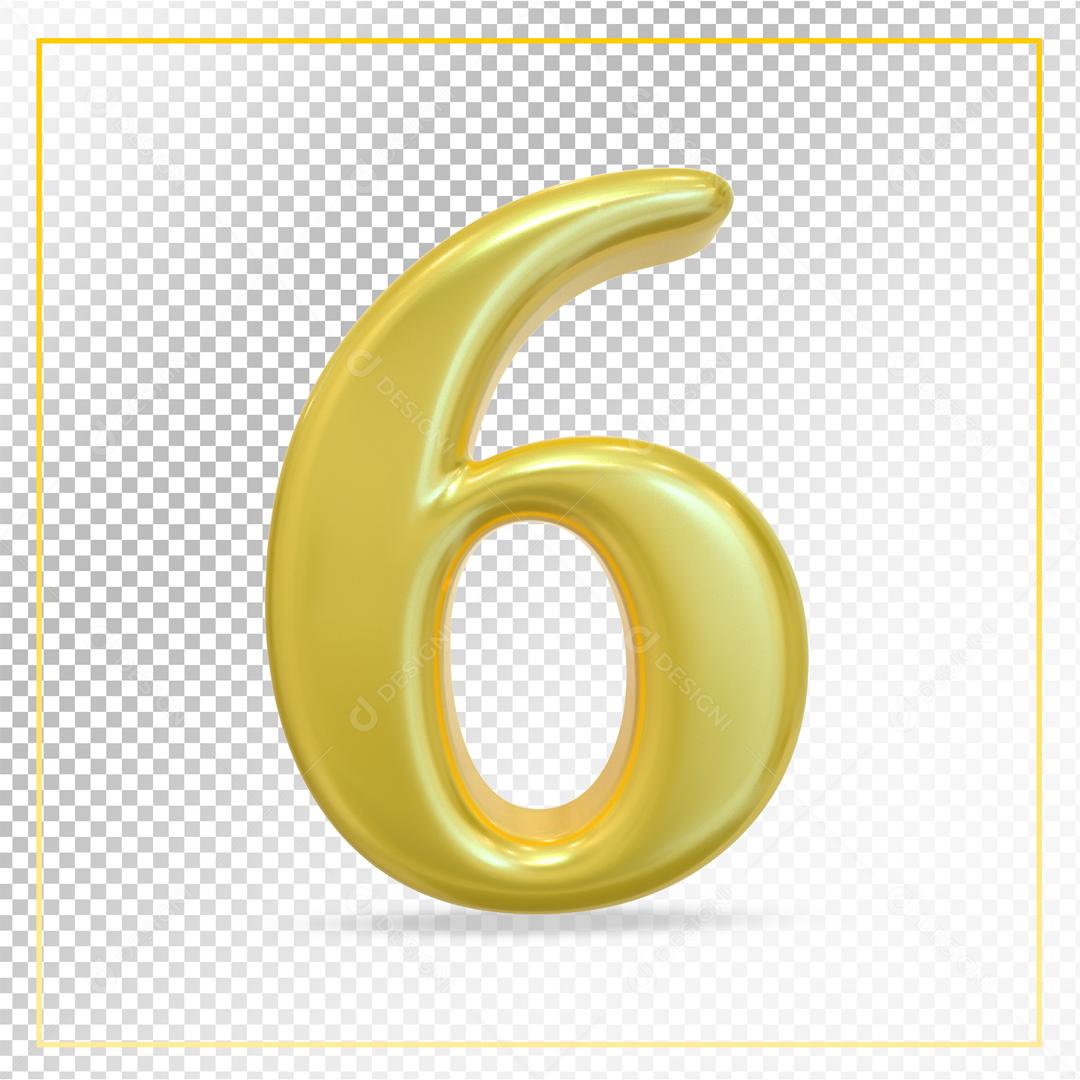 Número 3D 6 Dourado Para composição PSD