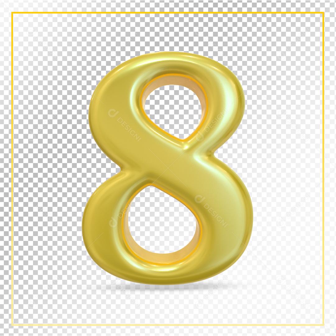 Número 3D 8 Dourado Para composição PSD