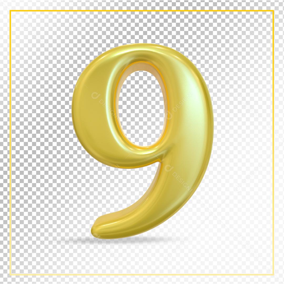 Número 3D 9 Dourado Para composição PSD