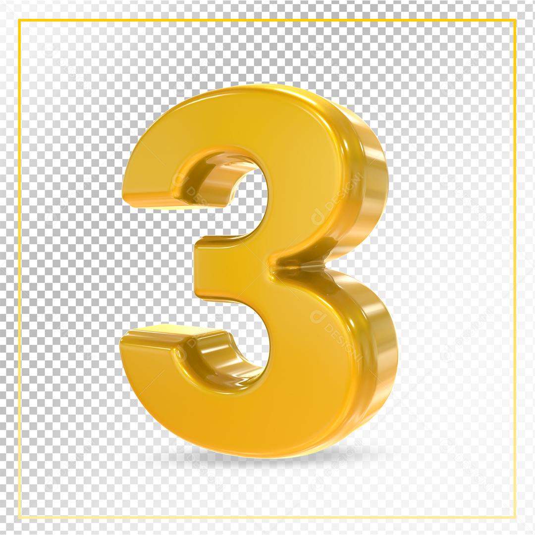 Número 3 Dourado Elemento 3D Para composição PSD