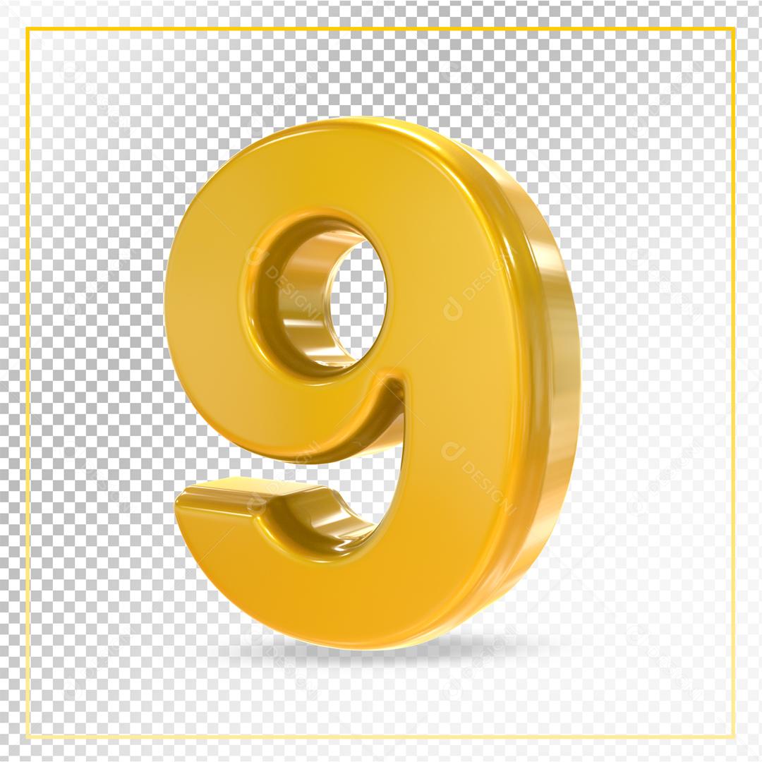 Número 9 Dourado Elemento 3D Para composição PSD