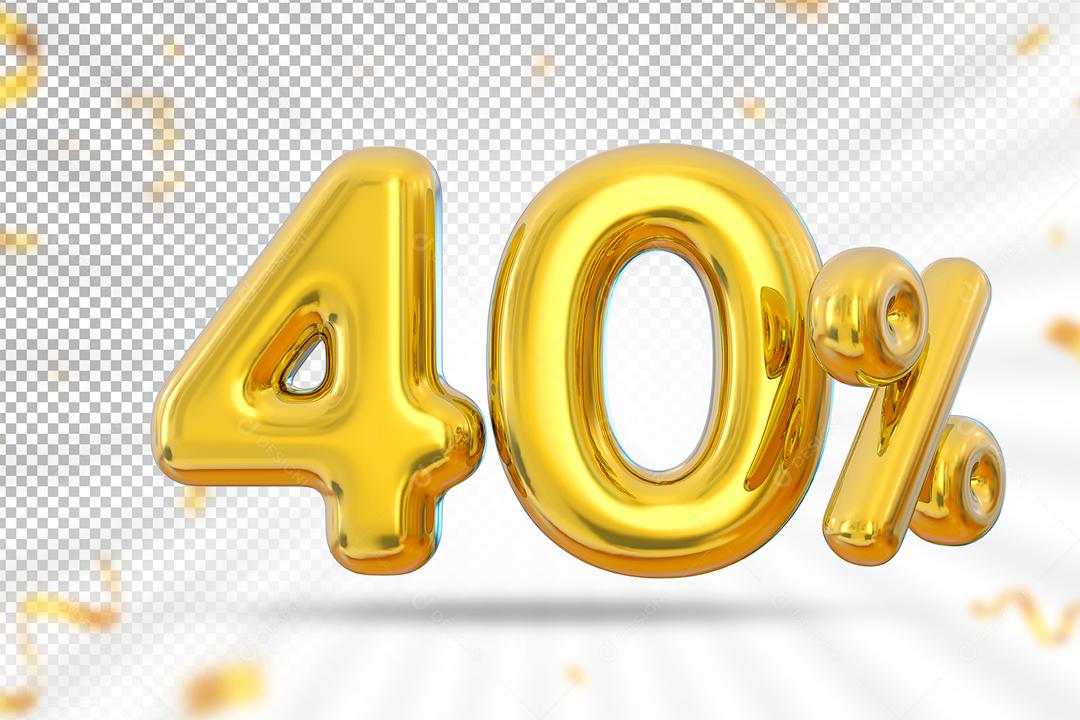 Elemento 3D Número 40% por cento Balão Dourado Para composição PSD