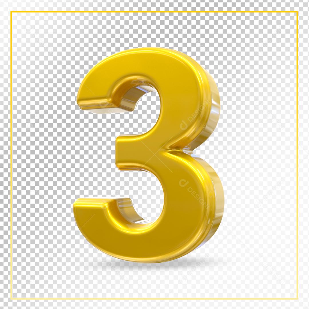 Número 3D 3 Dourado Para composição PSD