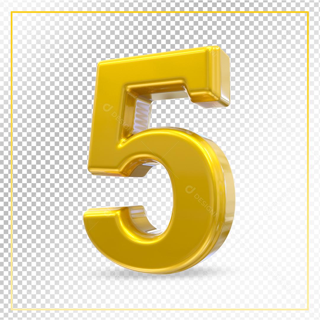 Número 3D 5 Dourado Para composição PSD