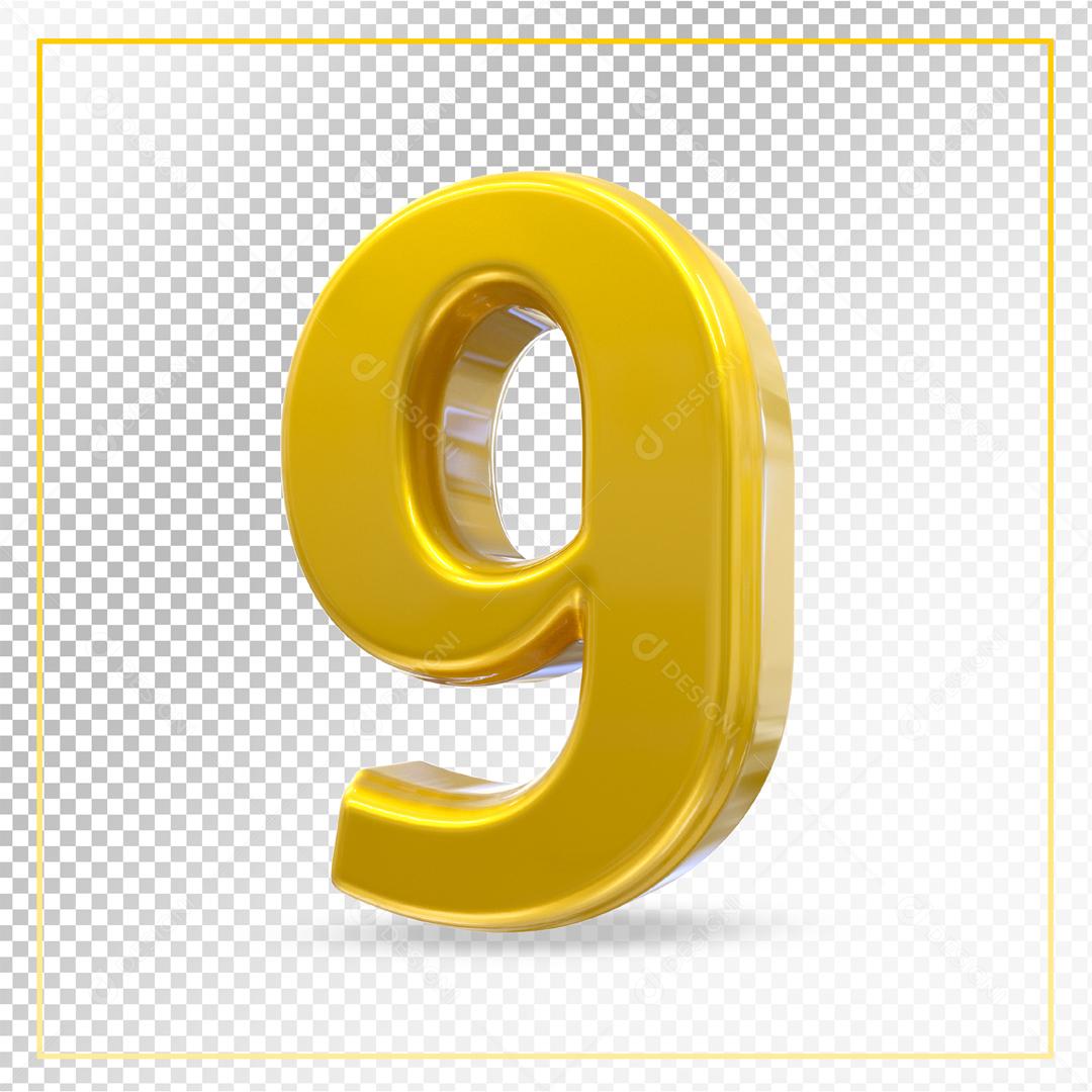 Número 3D 9 Dourado Para composição PSD