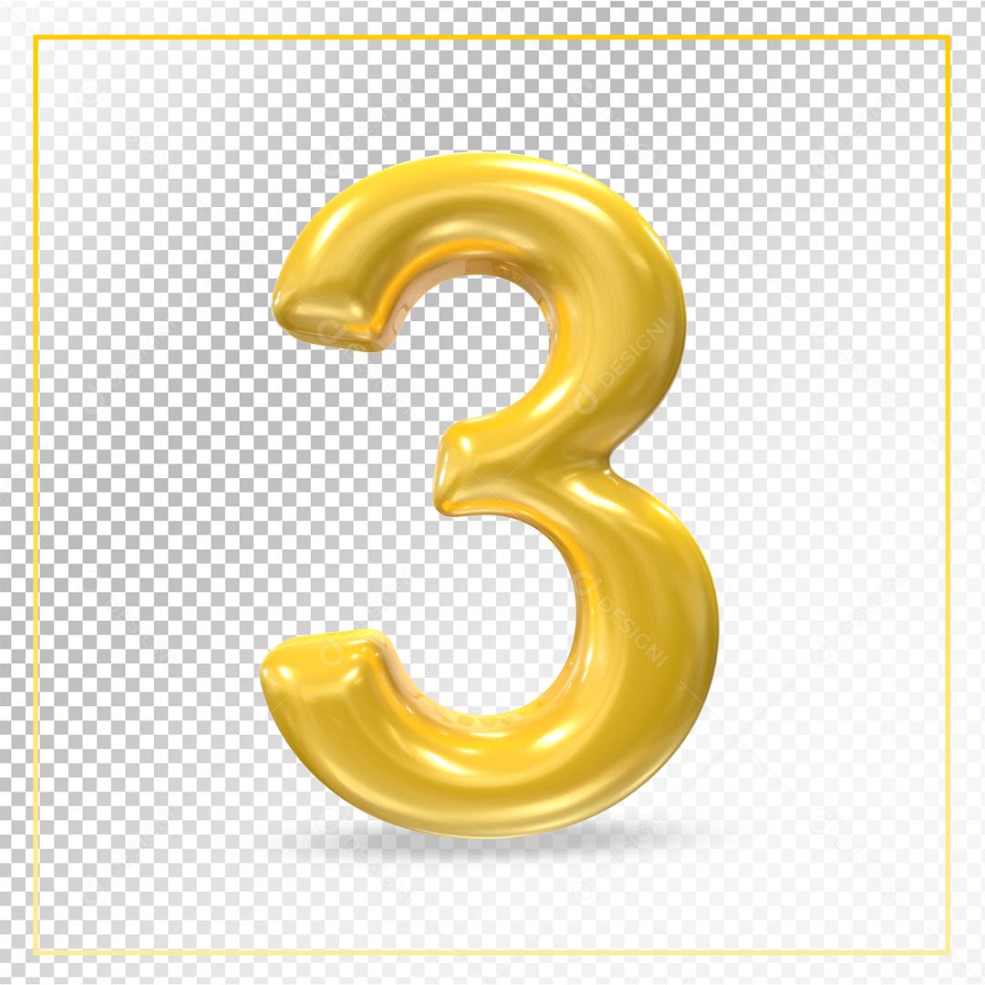 Número 3D 3 Dourado Para composição PSD