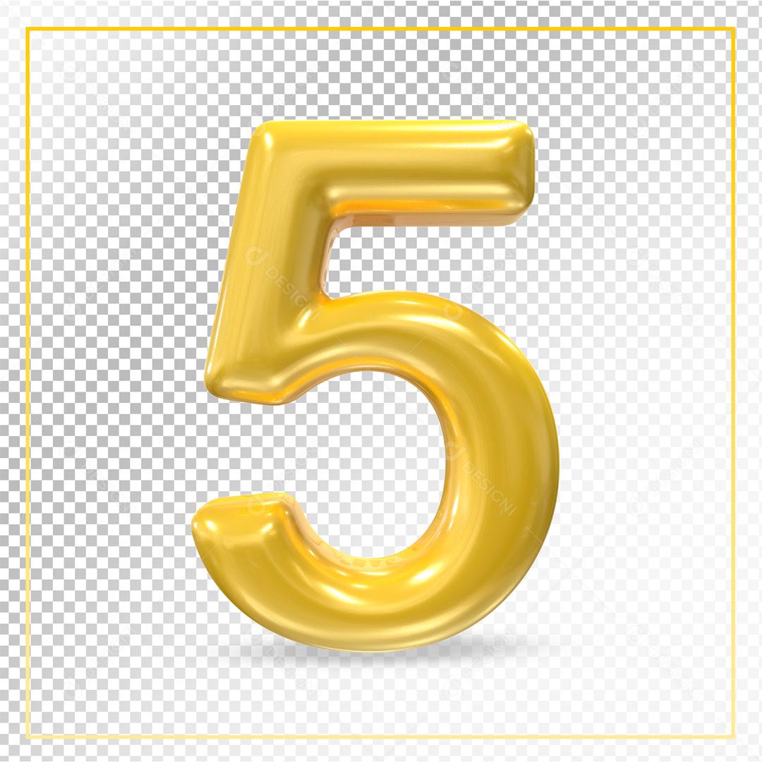 Número 3D 5 Dourado Para composição PSD