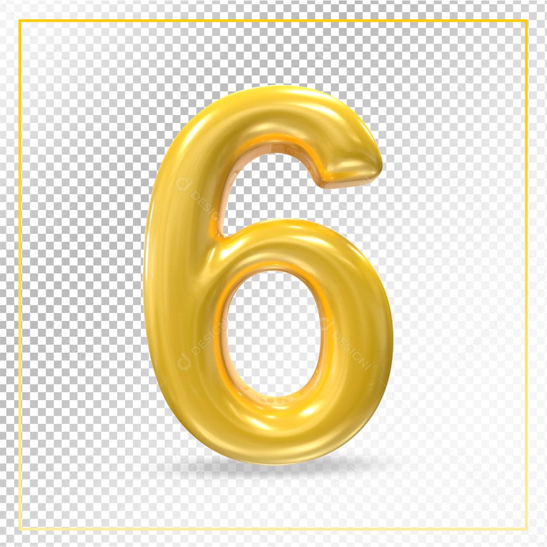 Número 3D 6 Dourado Para composição PSD