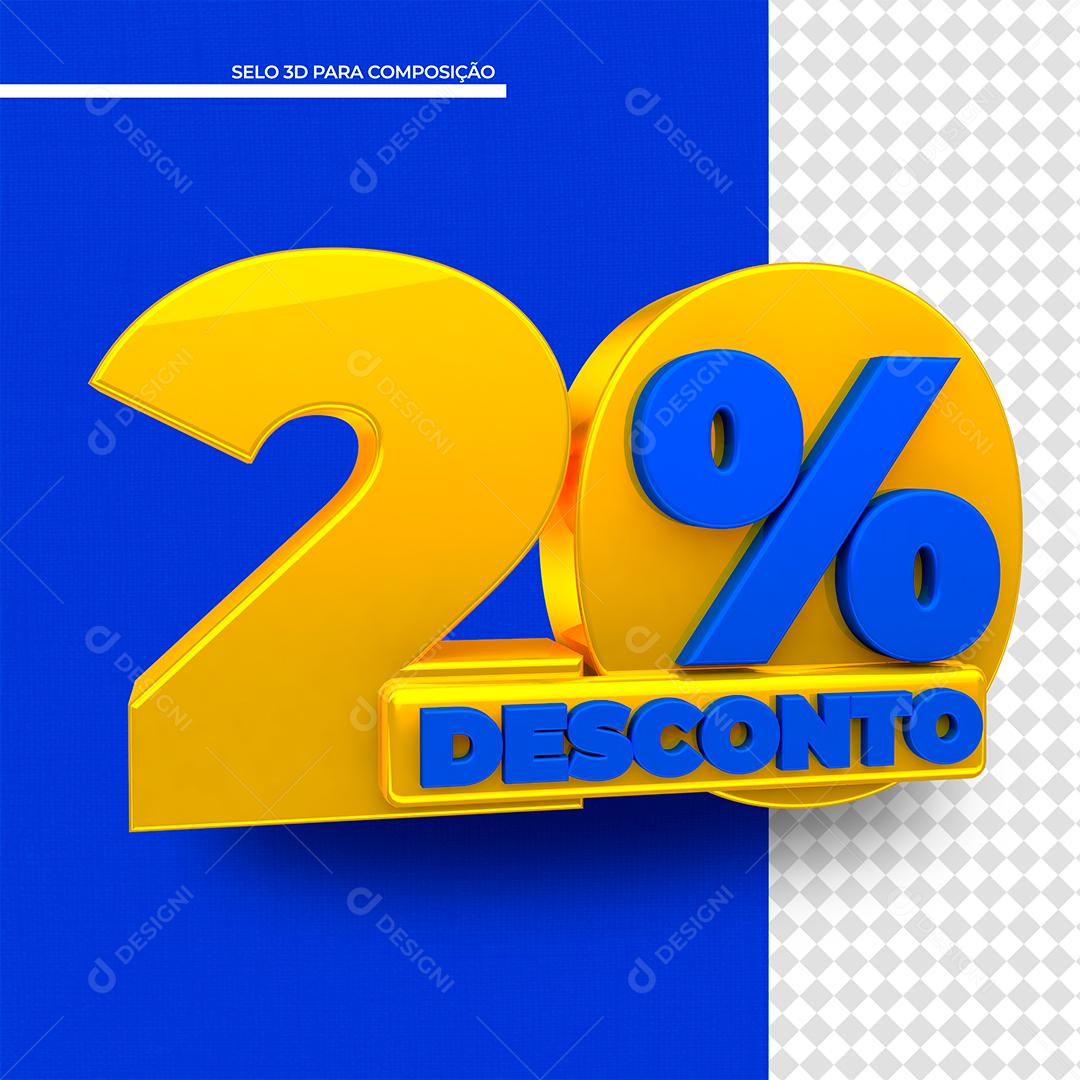Selo 3D 20% Desconto Amarelo e Azul para Composição PSD