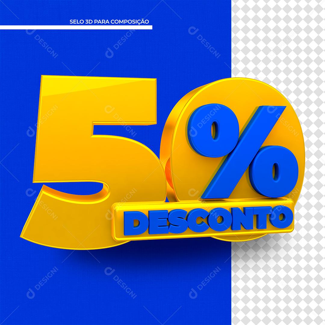 Selo 3D 50% Desconto Amarelo e Azul para Composição PSD