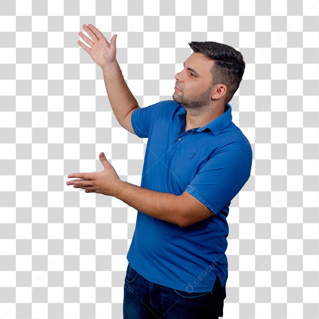 Homem jovem barbudo apontando para lado